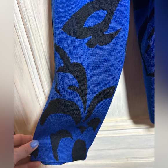 Ming Wang Blue Abstract Floral Open Cardigan Tailored Polished Elegant Luxury - Picture 4 of 6